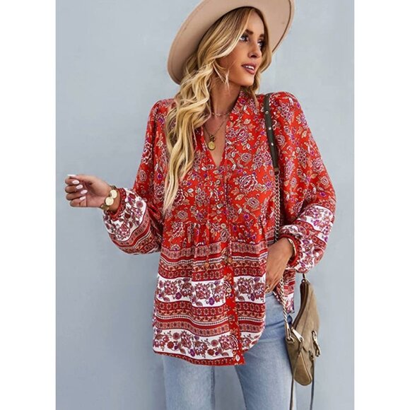 Red Boho Floral Printed Tie V-Neck Loose Flowy Long Sleeve Top Blouse - Picture 5 of 5